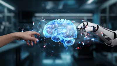 Robot and human reaching hand and pointing finger with brain icon floating. Close up of robotic hand and human working together while pointing finger with blurring laboratory background. Salubrious.