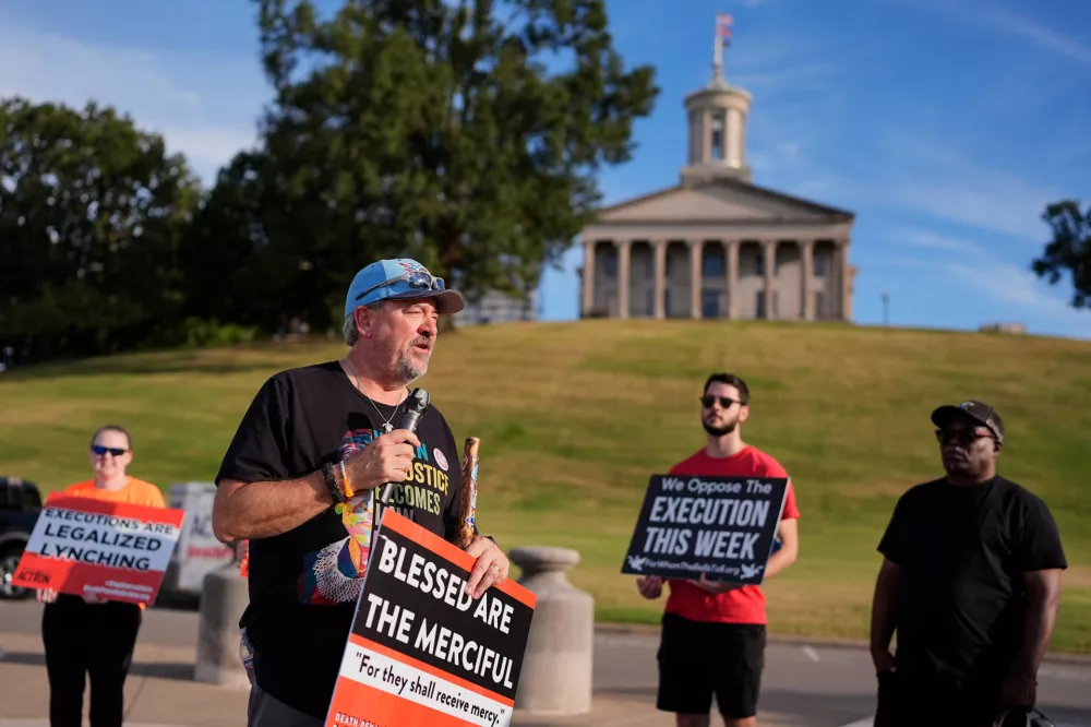 Pastor Kevin Riggs speaks during a March 4 Mercy protest against the death penalty at the Tennessee State Capital, Sunday, Sept. 27, 2026, in Nashville, Tenn. ahead of the Sept. 30th scheduled execution of Christa Pike. (AP Photo/George Walker IV)