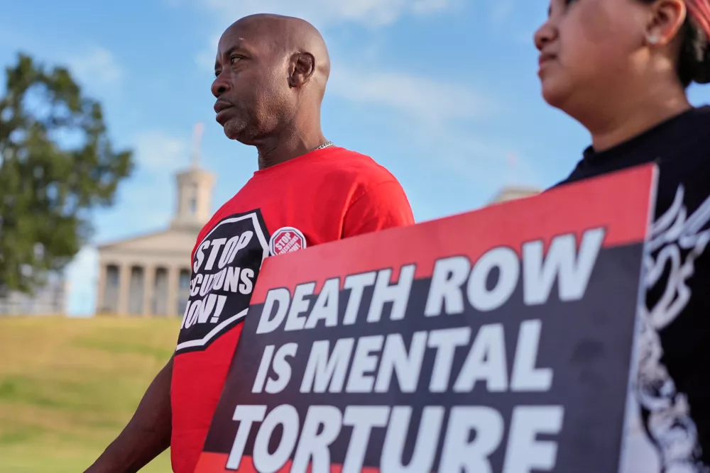 Alonzo Hughes participates in a March 4 Mercy protest against the death penalty at the Tennessee State Capitol, Sunday, Sept. 27, 2026, in Nashville, Tenn. ahead of the Sept. 30th scheduled execution of Christa Pike. (AP Photo/George Walker IV)
