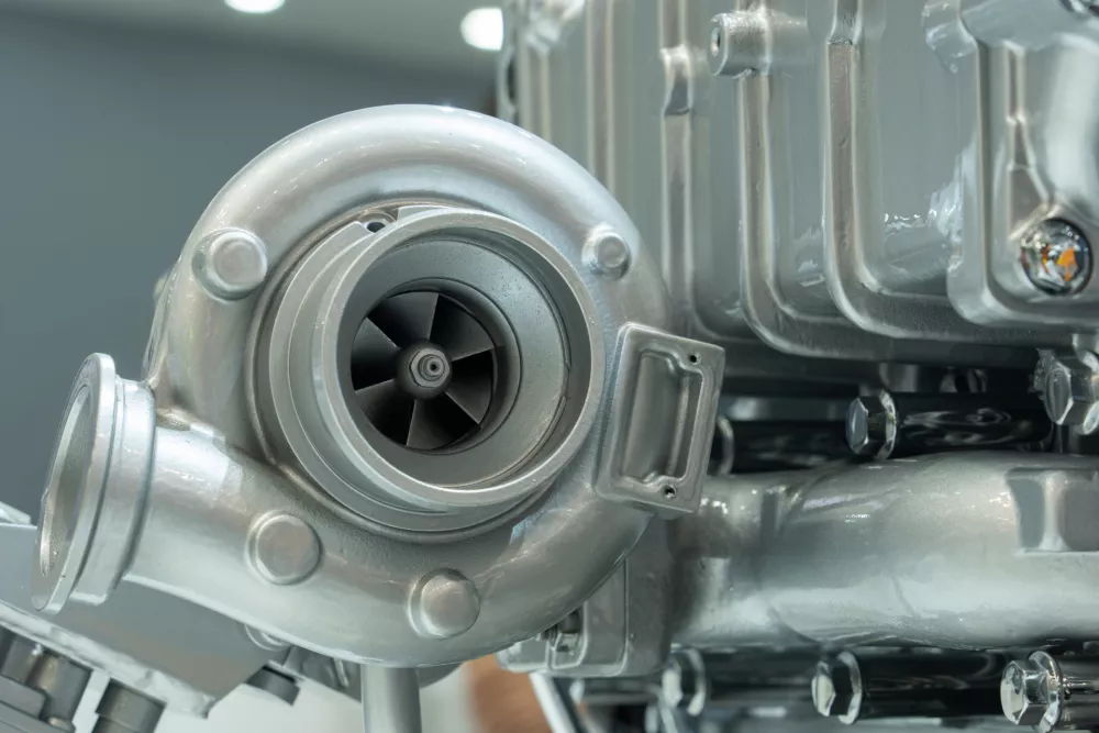 Close-up of diesel engine with turbocharger