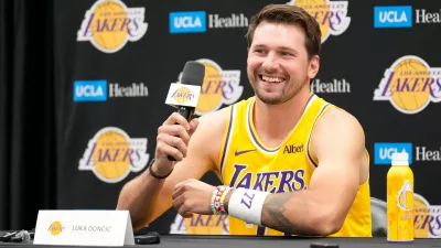 Los Angeles Lakers guard Luka Doncic gestures as he speaks to the media during media day Monday, Sept. 28, 2026, in El Segundo, Calif. (AP Photo/Mark J. Terrill)