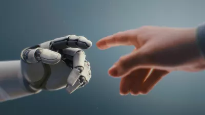 Futuristic Concept of Humanity and Artificial Intelligence Collaboration: Visualization of Humanoid Robot and Human Touching Fingertips, Creating Glowing Light. People and Robots Working Together. / Foto: Evgeniyshkolenko