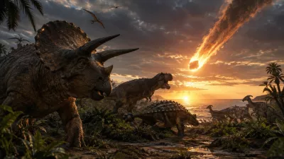 Izumrtje dinozavrov. Simbolična fotografija. Ustvarjena z UI.