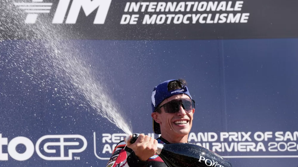 Spain's rider Marc Marquez of the Ducati Lenovo Team celebrates after winning the MotoGP race of the San Marino and the Rimini Riviera Grand Prix in Misano Adriatico, Italy, Sunday, Sept. 13, 2026. (AP Photo/Antonio Calanni)