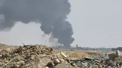 Black smoke and flames rise from an oil facility in an industrial area in southern Riyadh, Saudi Arabia, Saturday, Oct. 3, 2026. (AP Photo)