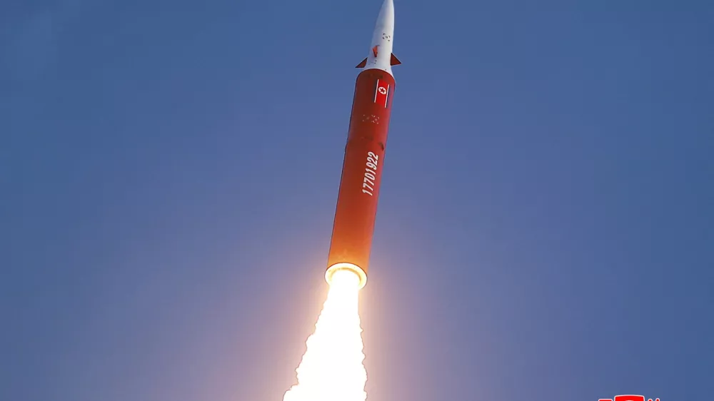 An intermediate-range missile is fired during a drill overseen by North Korean leader Kim Jong Un from the eastern region of the country toward the East Sea in North Korea, October 3, 2026, in this picture released by North Korea's official Korean Central News Agency. KCNA via REUTERS  ATTENTION EDITORS - THIS IMAGE WAS PROVIDED BY A THIRD PARTY. REUTERS IS UNABLE TO INDEPENDENTLY VERIFY THIS IMAGE. NO THIRD PARTY SALES. SOUTH KOREA OUT. NO COMMERCIAL OR EDITORIAL SALES IN SOUTH KOREA.
