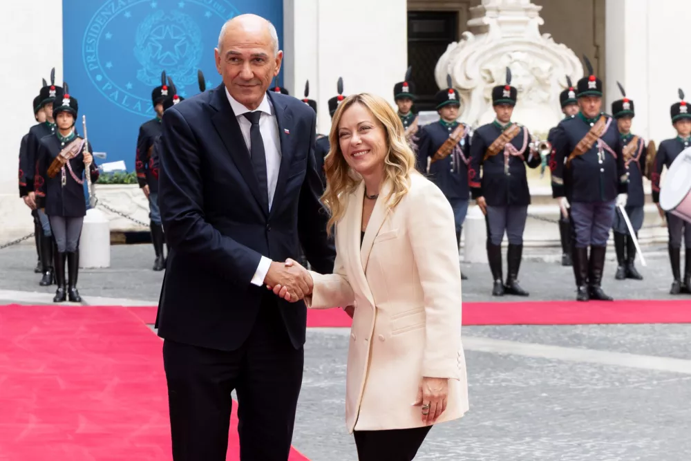 Italian Prime Minister Giorgia Meloni and Slovenian Prime Minister Janez Jansa meet at Palazzo Chigi in Rome, Monday Oct. 5, 2026 (Mauro Scrobogna/LaPresse via AP)