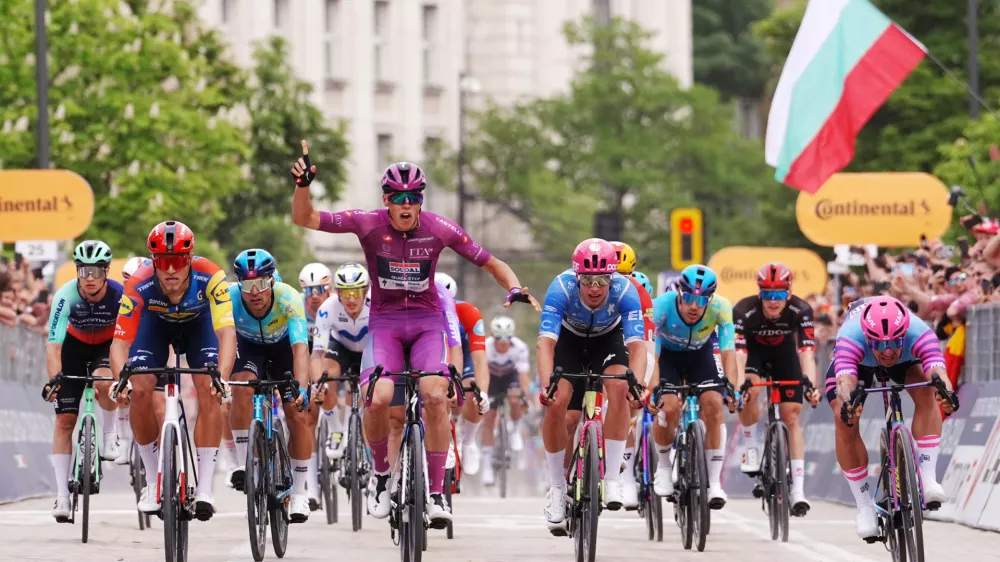 France's Paul Magnier wins the third stage of the Giro d'Italia cycling race, from Plovdiv to Sofia, Bulgaria, Sunday, May 10, 2026. (Fabio Ferrari/LaPresse via AP)