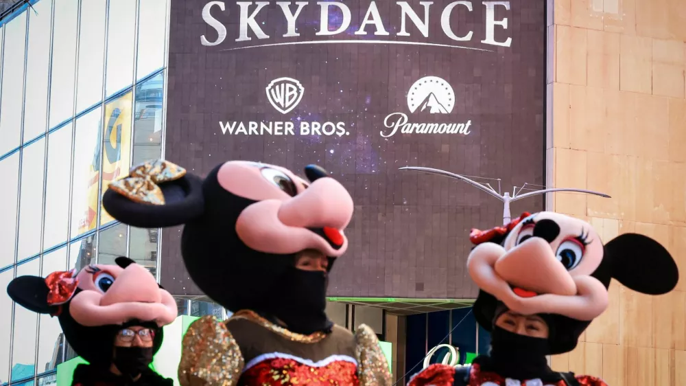 A billboard displaying the logos of Skydance, Warner Bros. and Paramount on the Paramount Global offices in Times Square after the merger of Paramount Skydance and Warner Bros Discovery, in New York City, US, October 6, 2026. REUTERS/Brendan McDermid