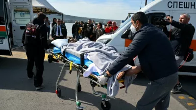 An injured crew member from a ship damaged in a drone attack is moved on a stretcher after being rescued after one vessel was sunk and another damaged in the Black Sea, in Varna, Bulgaria, October 6, 2026. REUTERS/Petko Momchilov   TPX IMAGES OF THE DAY
