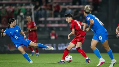 ISTANBUL, TURKIYE - OCTOBER 9: Kader Hancar (L) of Turkiye in action during the 2027 FIFA Women&acirc;&euro;&trade;s World Cup European qualifiers play-off first-leg match between Turkiye and Slovenia at Pendik Stadium in Istanbul, Turkiye, on October 9, 2026. Didem Mente / Anadolu,Image: 1141818345, License: Rights-managed, Restrictions:, Model Release: no 