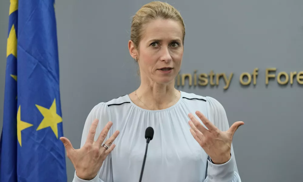 European Union foreign policy chief Kaja Kallas speaks during a joint news conference with Lebanese Foreign Minister Youssef Rajji in Beirut, Lebanon, Thursday, Oct. 8, 2026. (AP Photo/Bilal Hussein)