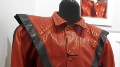 In this May 26, 2011 photo, a worn and signed "Thriller" Jacket that belonged to Michael Jackson is displayed at Julien's Auctions in Beverly Hills, Calif. This item is among the memorabilia available for auction on June 25 and June 26, 2011, at Julien's Auctions. (AP Photo/Matt Sayles)