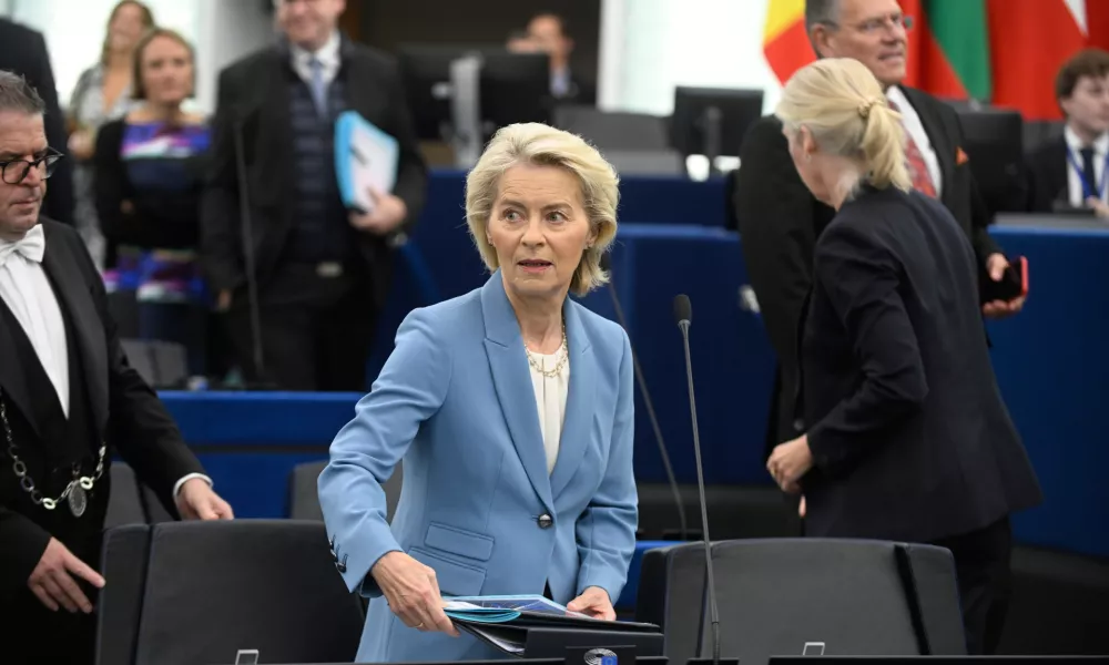 European Commission President Ursula von der Leyen attends a joint debate ahead to the 15-16 October EU summit in Strasbourg, France, Tuesday, Oct. 6, 2026. (AP Photo/Pascal Bastien)