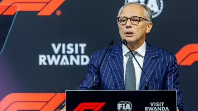 Formula 1 President and CEO Stefano Domenicali speaks at a press conference as Formula One and Rwanda agree on a 10-year deal to host a race from the early 2030s, in Kigali, Rwanda, October 13, 2026. REUTERS/Jean Bizimana