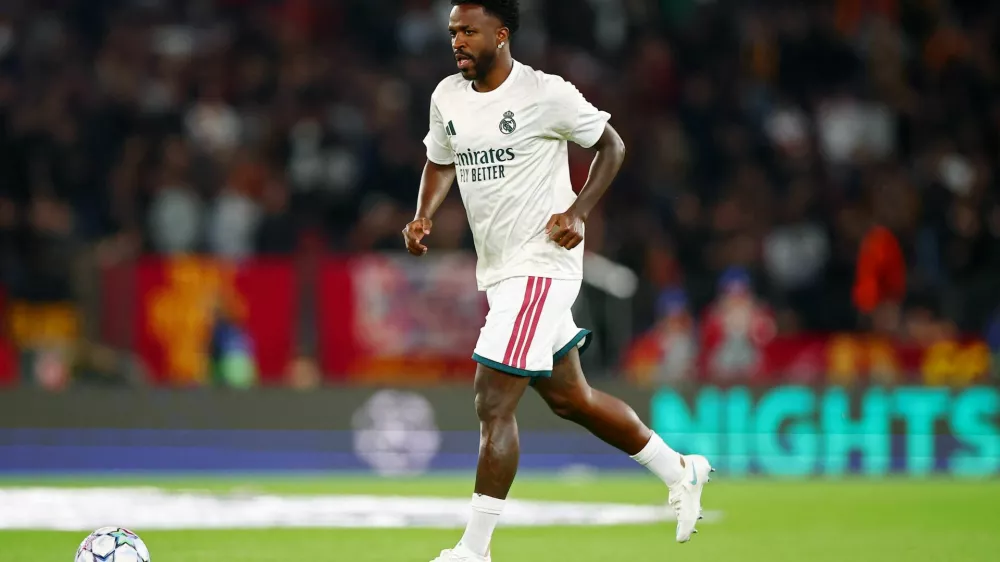 Soccer Football - UEFA Champions League - AS Roma v Real Madrid - Stadio Olimpico, Rome, Italy - October 14, 2026 Real Madrid's Vinicius Junior during the warm up before the match REUTERS/Guglielmo Mangiapane
