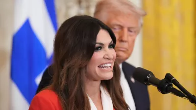 FILE - Kimberly Guilfoyle speaks as President Donald Trump listens at a reception celebrating Greek Independence Day in the East Room of the White House, March 24, 2025, in Washington. (AP Photo/Jacquelyn Martin, File)