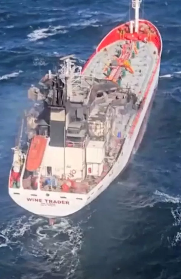 A screengrab from an aerial footage shows San Marino-flagged tanker wine trader ship that caught fire in Romanian territorial waters, released October 15, 2026. Romanian Interior Ministry/Handout via REUTERS THIS IMAGE HAS BEEN SUPPLIED BY A THIRD PARTY. NO RESALES. NO ARCHIVES. OVERLAY FROM SOURCE.