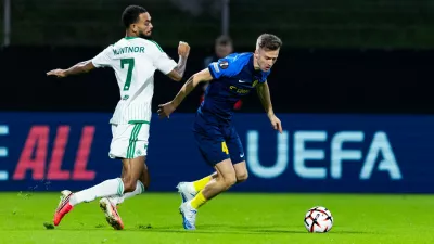 Jaden Montnor of FC Omonia vs Lukasz Bejger of NK Celje during football match between NK Celje (SLO) and FC Omonia (CYP) in league phase, Matchday 2 of UEFA Europa League 2026/27, on October 15, 2026 in Stadion Z'Dezele, Celje, Slovenia. Photo by Nik Moder // Moder Photo Agency,Image: 1143658541, License: Rights-managed, Restrictions:, Model Release: no 