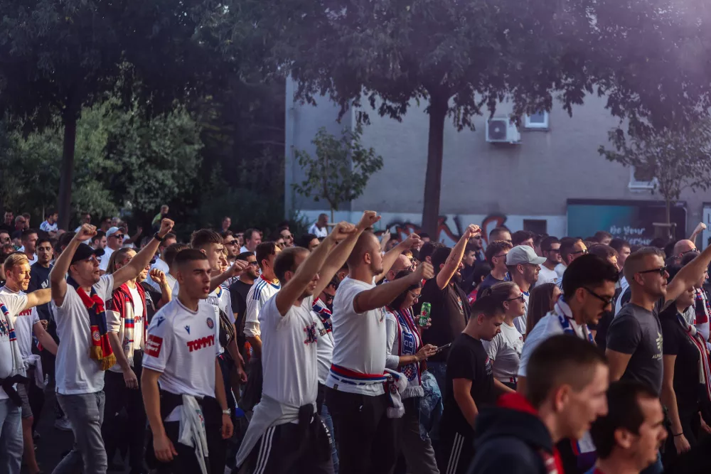 15.10.2026., Split - Navijaci Hajduka Torcida u korteu se uputila prema Poljudu uoci utakmice UEFA Konferencijske lige izmedju Hajduka i Ajaxa. Photo: Ivana Ivanovic/PIXSELL