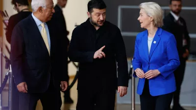 From left, European Council President Antonio Costa, Ukraine's President Volodymyr Zelenskyy and European Commission President Ursula von der Leyen arrive for the EU summit at the European Council building in Brussels, Friday, Oct. 16, 2026. (AP Photo/Geert Vanden Wijngaert)