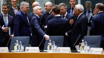 From left, Netherland's Prime Minister Rob Jetten, Slovakia's Prime Minister Robert Fico, Luxembourg's Prime Minister Luc Frieden, Bulgaria's Prime Minister Rumen Radev, Sweden's Prime Minister Ulf Kristersson, Hungary's Prime Minister Peter Magyar and European Council President Antonio Costa during a round table meeting at the EU summit in Brussels, Friday, Oct. 16, 2026. (AP Photo/Geert Vanden Wijngaert)