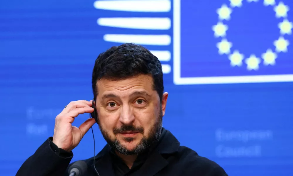 FILE PHOTO: Ukrainian President Volodymyr Zelenskiy looks on during a press conference at a European Union leaders' summit in Brussels, Belgium, October 16, 2026. REUTERS/Yves Herman/File Photo