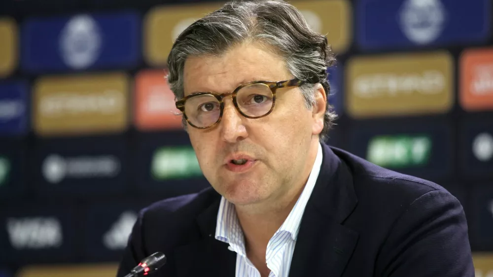 ATHENS, GREECE - MAY 23: EuroLeague Basketball President Dejan Bodiroga and CEO Chus Bueno (not seen) attend a press conference held at OAKA Arena in Athens, Greece on May 23, 2026. Bodiroga and Bueno apologized to Fenerbahce Beko fans for organizational issues that occurred during the Olympiacos v Fenerbahce Beko Final Four match played in Athens yesterday. Ayhan Mehmet / Anadolu/ABACAPRESS.COM,Image: 1104648222, License: Rights-managed, Restrictions:, Model Release: no 