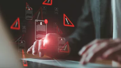 Close up shot of people point to access to personal data and document with warning sign as concept of data breach or attack from hacker or spyware. Data security concept.