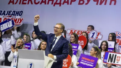 Serbia's former President and the ruling Serbian Progressive Party (SNS) candidate for Prime Minister Aleksandar Vucic gestures during a pre-election rally at King Milan Square in Nis, Serbia, October 21, 2026. REUTERS/Djordje Kojadinovic