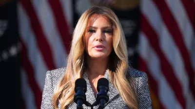 FILE - First lady Melania Trump speaks in the Rose Garden of the White House, Oct. 19, 2026, in Washington. (AP Photo/Mark Schiefelbein, File)