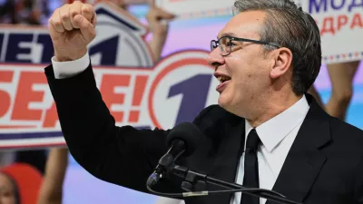 Serbia's populist leader Aleksandar Vucic gestures during a pre-election rally of his ruling Serbian Progressive Party ahead of the early parliamentary election scheduled for Oct. 25, in Belgrade, Serbia, Thursday, Oct. 22, 2026. (AP Photo)