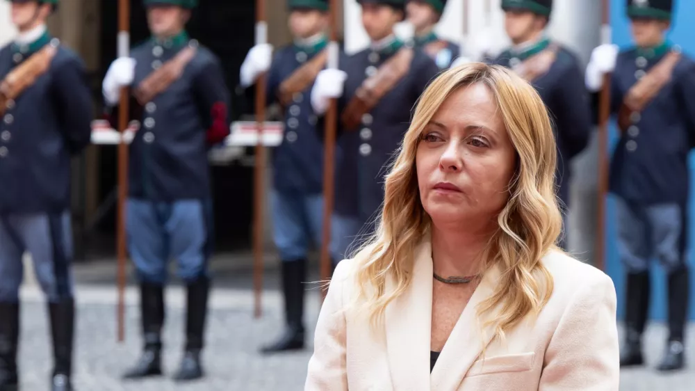 Italian Prime Minister Giorgia Meloni waits to meet Slovenian Prime Minister Janez Jansa, at Palazzo Chigi in Rome, Monday Oct. 5, 2026 (Mauro Scrobogna/LaPresse via AP)