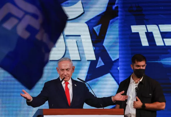 Israeli Prime Minister and Likud party leader Benjamin Netanyahu gestures as he reacts to exit polls, at his party headquarters during Israel's national election, in Jerusalem, October 28, 2026. REUTERS/Ronen Zvulun