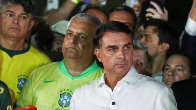 Brazilian presidential candidate Flavio Bolsonaro of the Liberal Party (PL) arrives to speak after losing the presidential runoff election, in Brasilia, Brazil October 25, 2026. REUTERS/Agustin Marcarian
