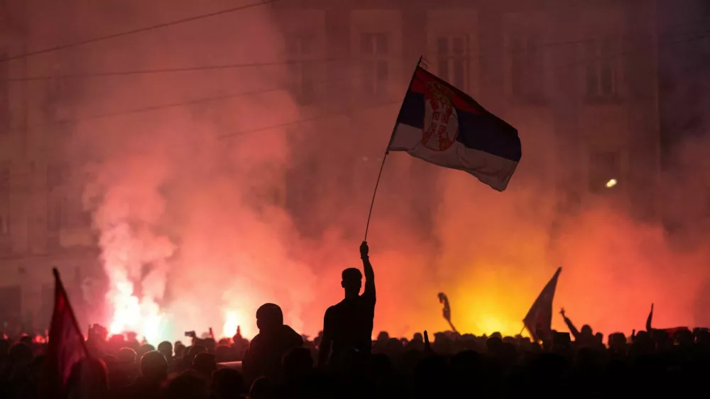 Supporters of the electoral list "Student List - Students Win" celebrate after Aleksandar Vucic, Serbian Progressive Party (SNS) prime ministerial candidate, conceded defeat in the parliamentary election in Belgrade, Serbia, October 26, 2026. REUTERS/Uros Arsic   TPX IMAGES OF THE DAY