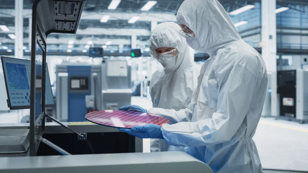 Semiconductor Production Process At Electronics Factory: Two Technicians In Sterile Suits Taking Out Silicon Wafer From Soldering Jet Printer And Checking It. Engineers Making Hardware For Computers