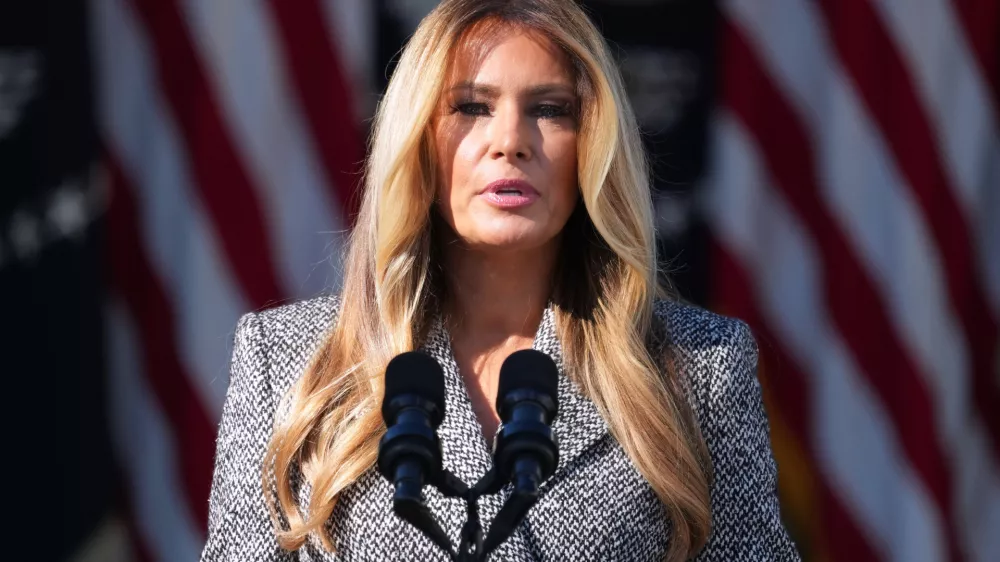 FILE - First lady Melania Trump speaks in the Rose Garden of the White House, Oct. 19, 2026, in Washington. (AP Photo/Mark Schiefelbein, File)