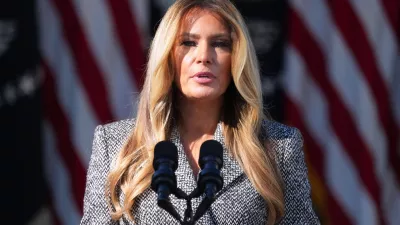 FILE - First lady Melania Trump speaks in the Rose Garden of the White House, Oct. 19, 2026, in Washington. (AP Photo/Mark Schiefelbein, File)
