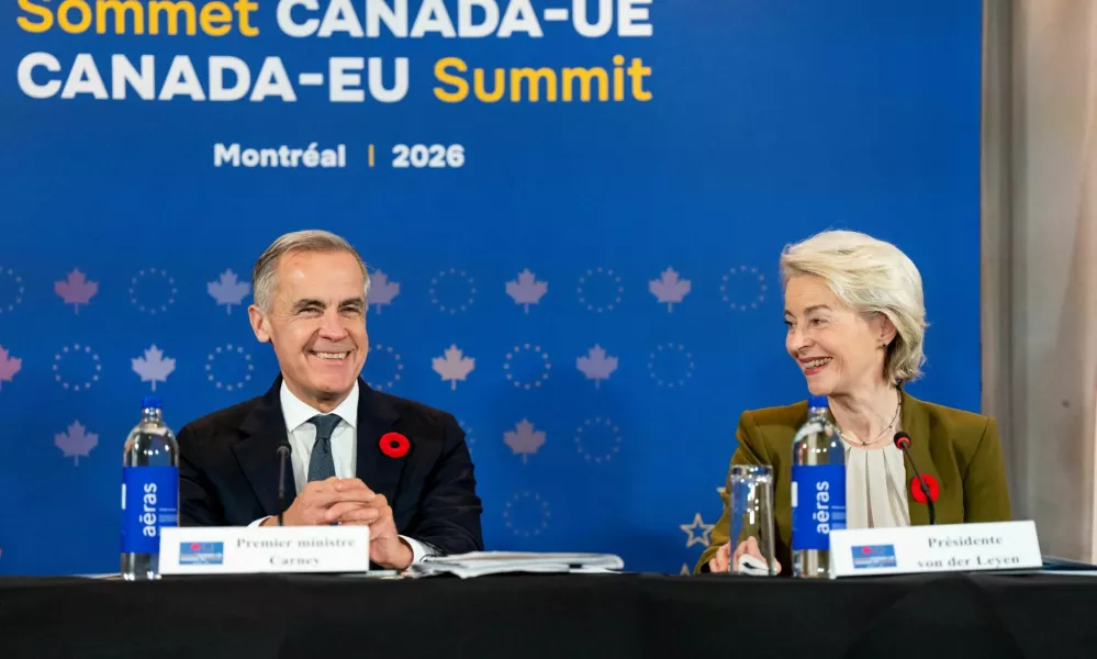 President of the European Commission Ursula von der Leyen gives remarks alongside Prime Minister Mark Carney at a roundtable with business leaders during the Canada-EU Summit, in Montreal, October 29, 2026. Christopher Katsarov/Pool via REUTERS