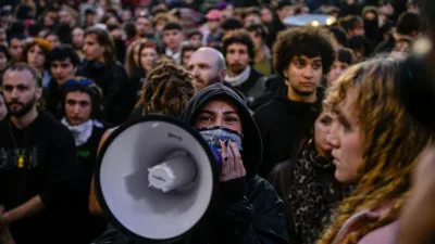  A march passes in front of the Ministry of Education at Piazza dell'Emporio. Friday, Oct. 30, 2026. (Photo by Valentina Stefanelli /LaPresse via AP)