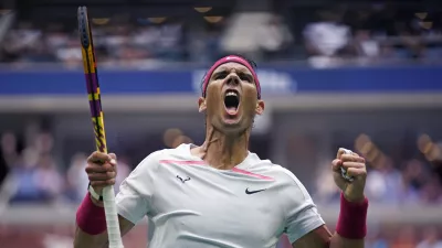 Rafael Nadal, of Spain, celebrates after winning a point against Frances Tiafoe, of the United States, during the fourth round of the U.S. Open tennis championships, Monday, Sept. 5, 2022, in New York. (AP Photo/Eduardo Munoz Alvarez)