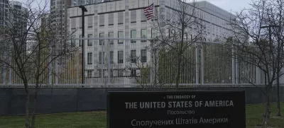 American flag waves in front of the U.S. Embassy in Kyiv, Ukraine, November 20, 2024. (AP Photo/Efrem Lukatsky)